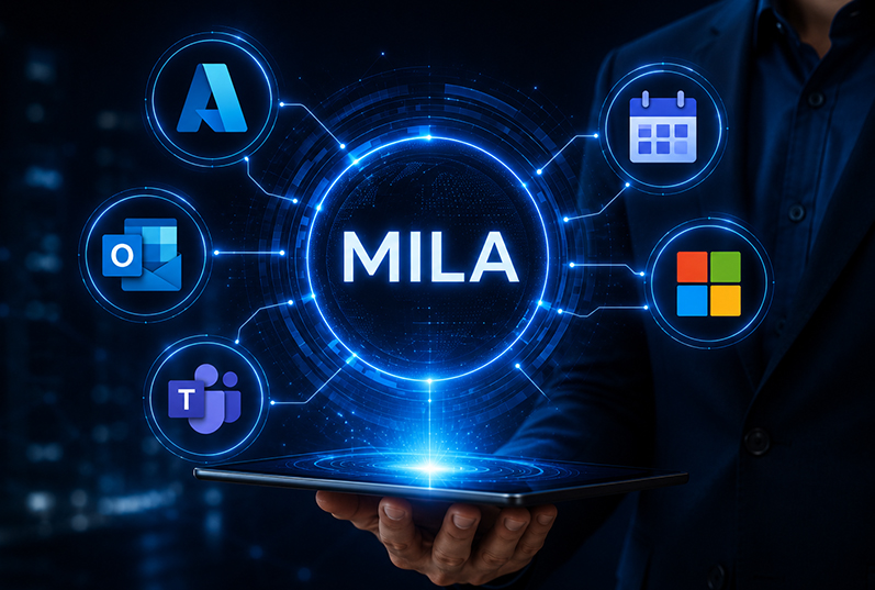 MILA connected to Microsoft Outlook, Dynamics 365, Teams, and Azure
